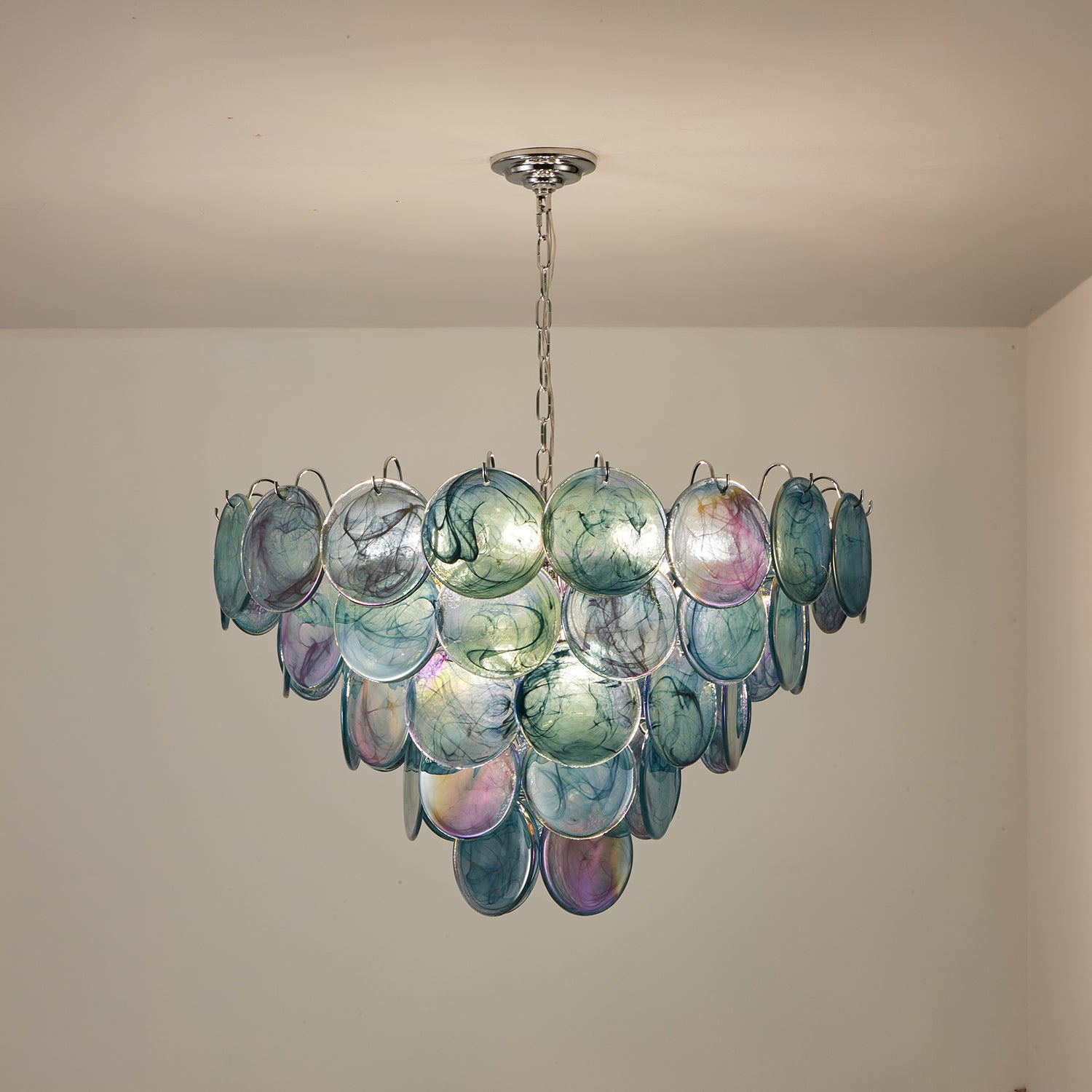 Five-tier Murano chandelier in space-age iridescent glass